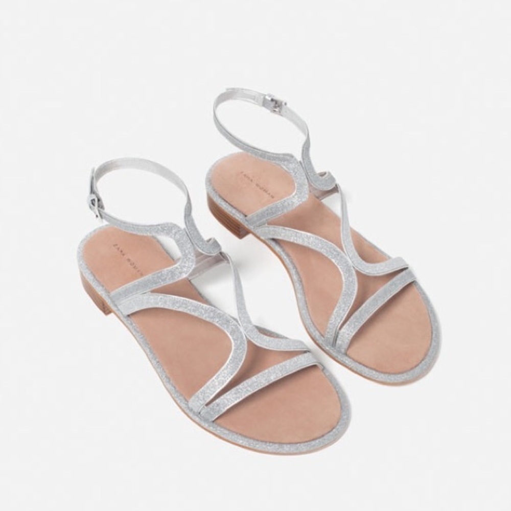 ZARA STRAPPY GLADIATOR FLAT SILVER SANDALS BRAND NEW WITH TAGS US 7.5 EUR 38